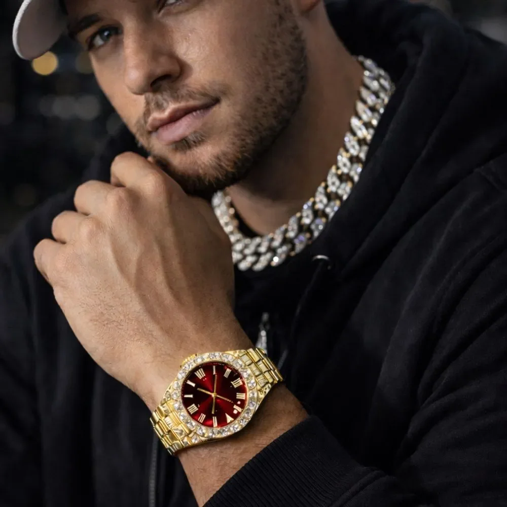 Iced Out Gold Bustdown Watch Red Dial Simulated Diamond Big Face Quartz Unisex